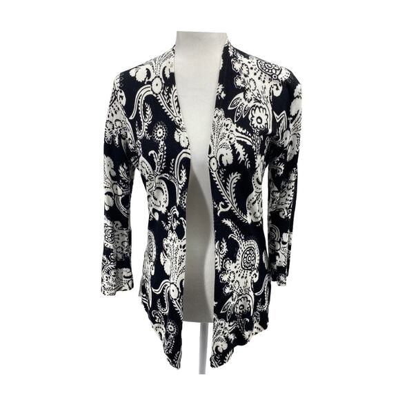Cache Black White Paisley Open Front Cardigan M Lightweight Layering Piece - Picture 1 of 16